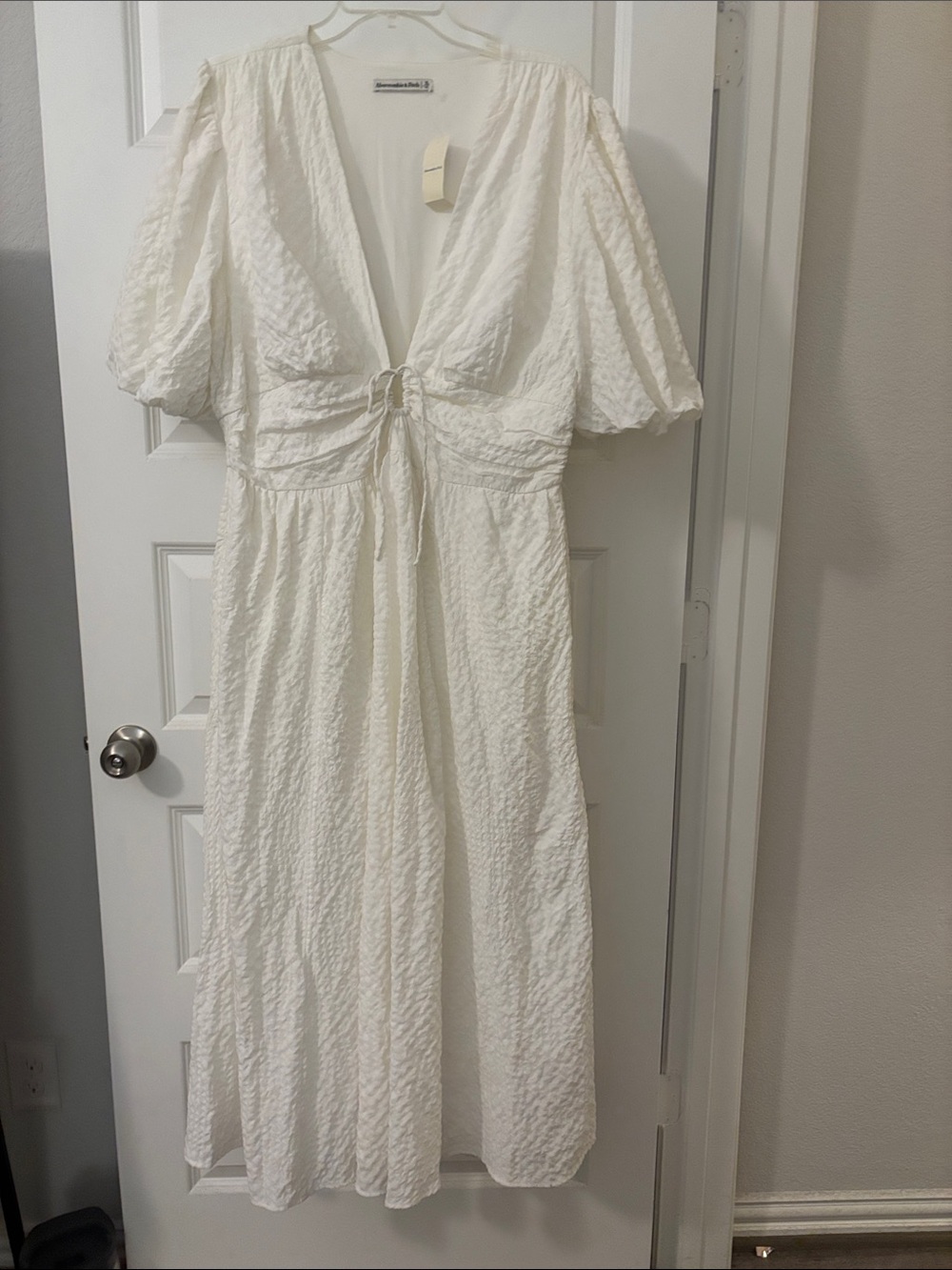 Abercrombie & Fitch Ecru Ivory puff sleeve tie-front white midi dress SZ XL NWT